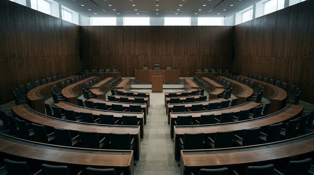 의결이 없는 시간의 텅 빈 회의장 좌석과 연단