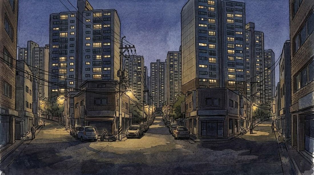 저층 주택가 골목 뒤로 고층 아파트가 선 밤 풍경