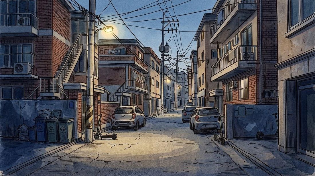 가로등이 켜진 저녁 주택가 골목