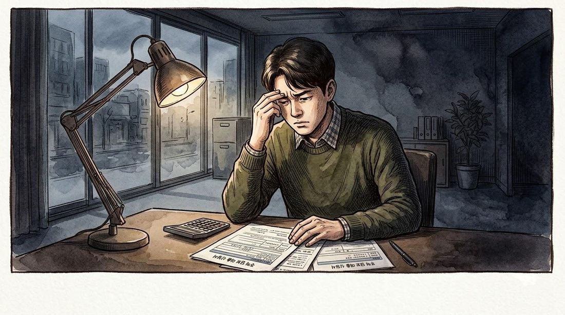 책상 스탠드 아래에서 계산기와 진료비 관련 서류를 놓고 생각에 잠긴 사람