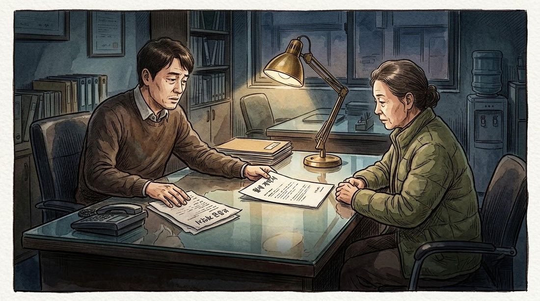 사무실 책상을 사이에 두고 마주 앉아 서류를 함께 보는 두 사람