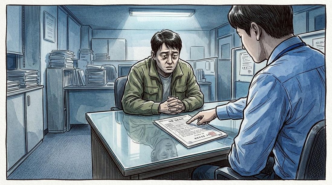 창구 책상에서 직원이 서류를 가리키며 설명하고 맞은편에 앉은 사람이 듣는 장면