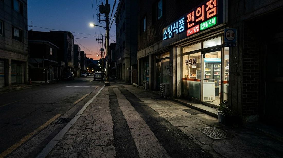 이른 새벽 골목의 24시간 편의점 외관