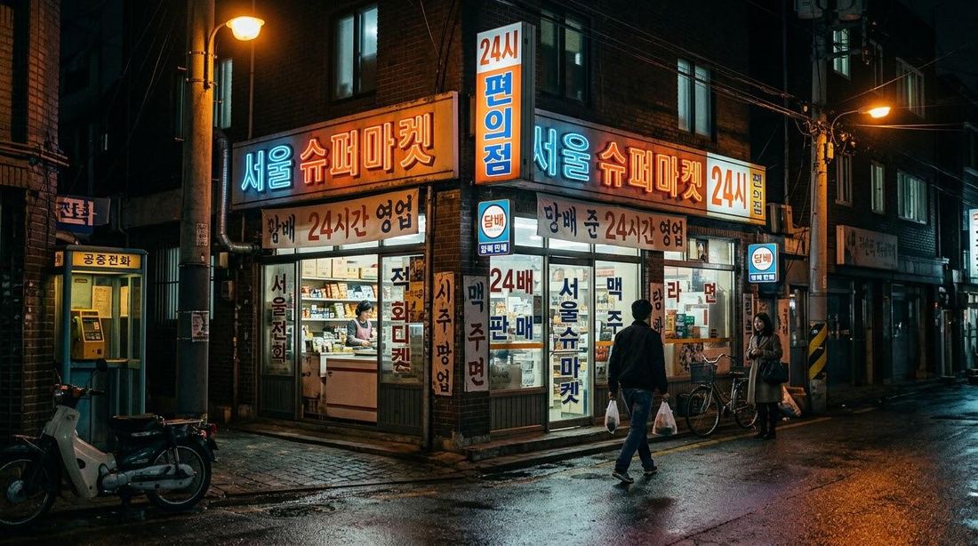 야간 골목의 24시간 슈퍼마켓 간판