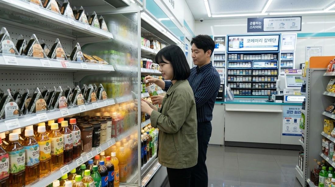 편의점 안에서 음료 진열대를 살펴보는 두 사람