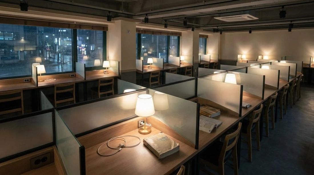 Empty desks with lamps on in a late-night study cafe