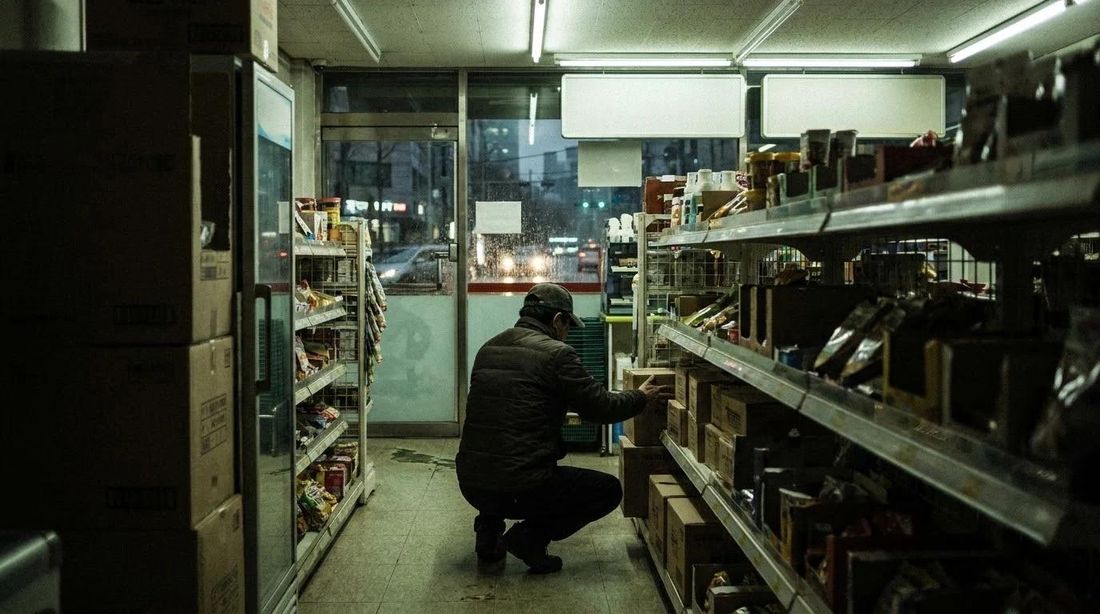A worker restocking shelves alone at night