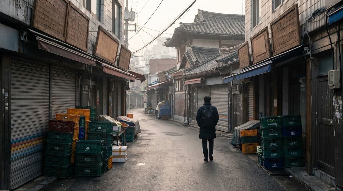 A Seoul street at first light with delivery crates outside shuttered shopfronts