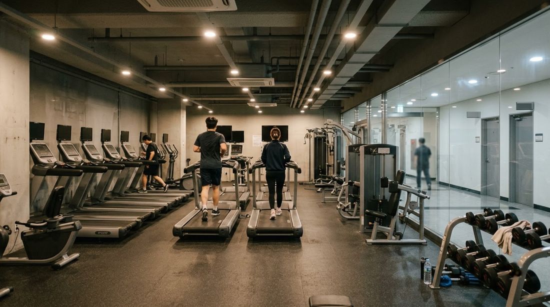 Residents on treadmills in the shared gym on an apartment complex community floor