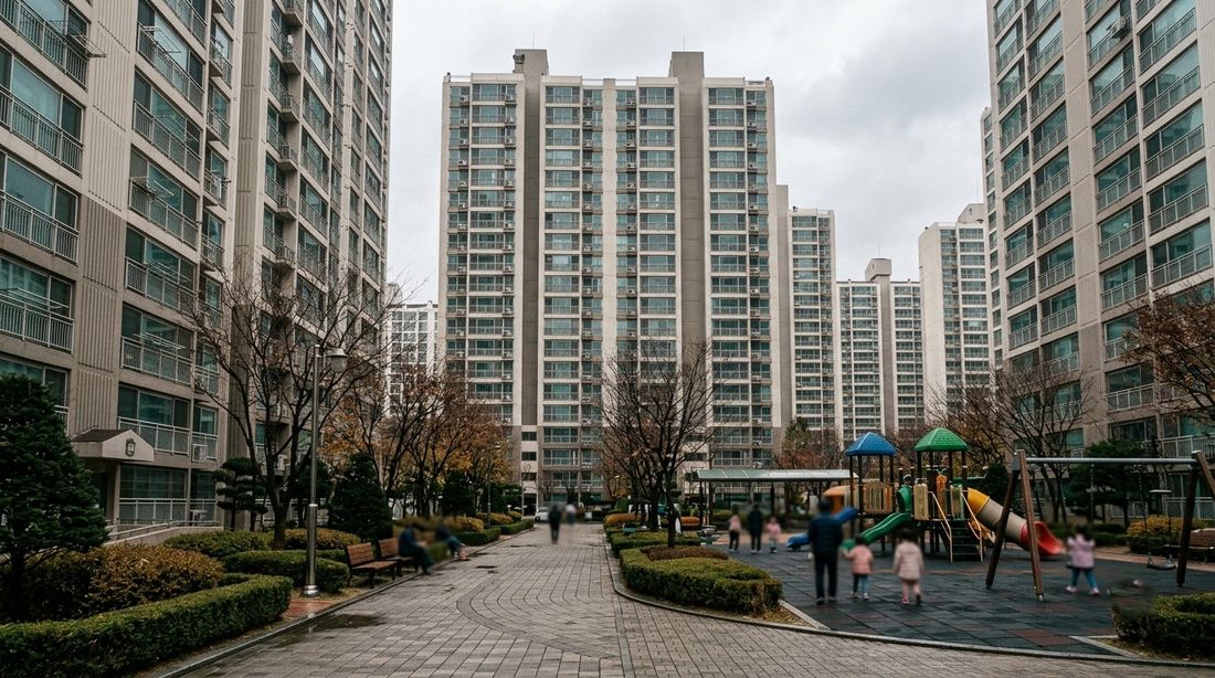 Apartment towers of a single large Korean housing complex above a ground-level playground