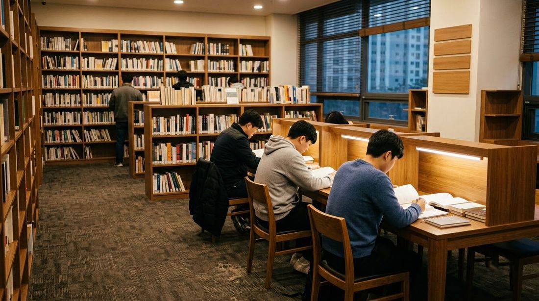 Bookshelves and study desks in the small resident library inside an apartment complex