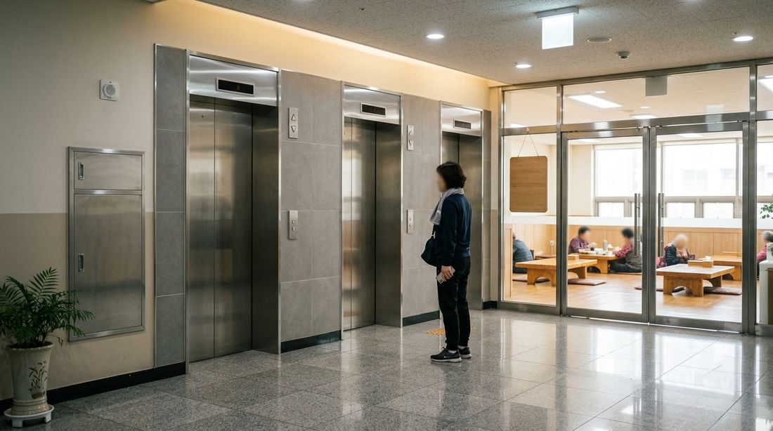 Elevator lobby on a community floor with a senior center room through the glass door