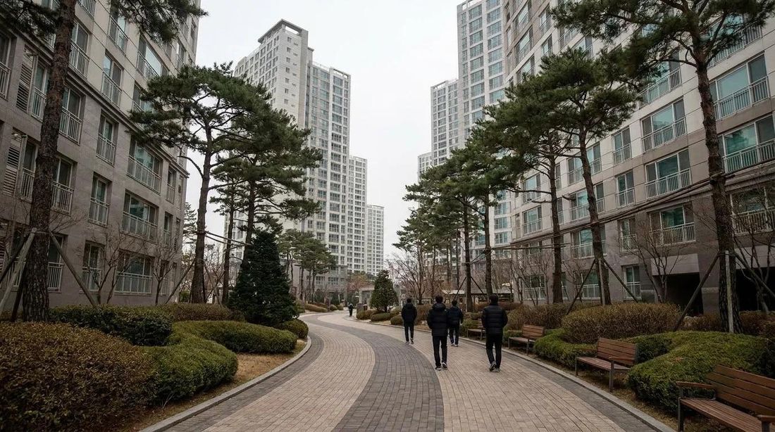 A landscaped walking path inside an apartment complex