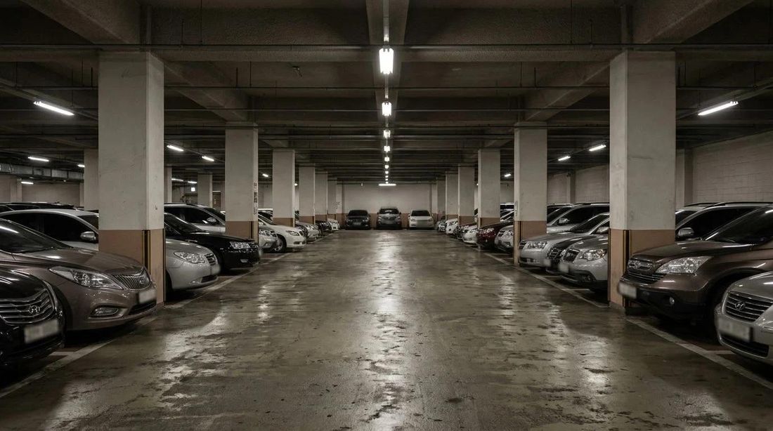 The underground parking level of an apartment complex