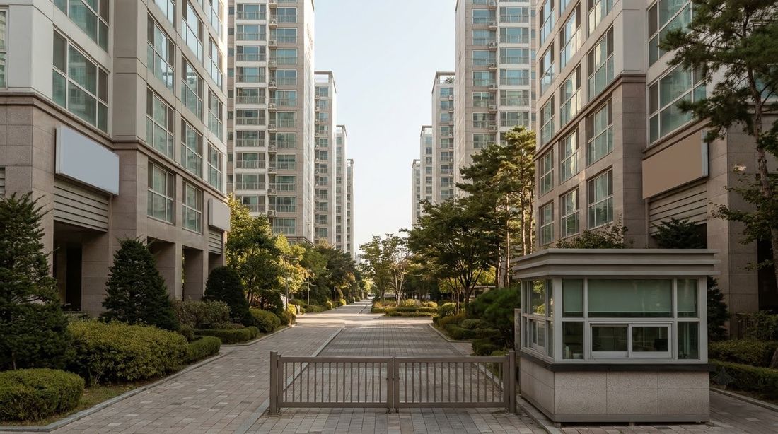 The inner road of a Korean apartment complex with a guard booth and identical tower entrances