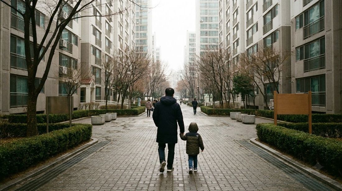 A parent and small child walking across the courtyard of a Korean apartment complex