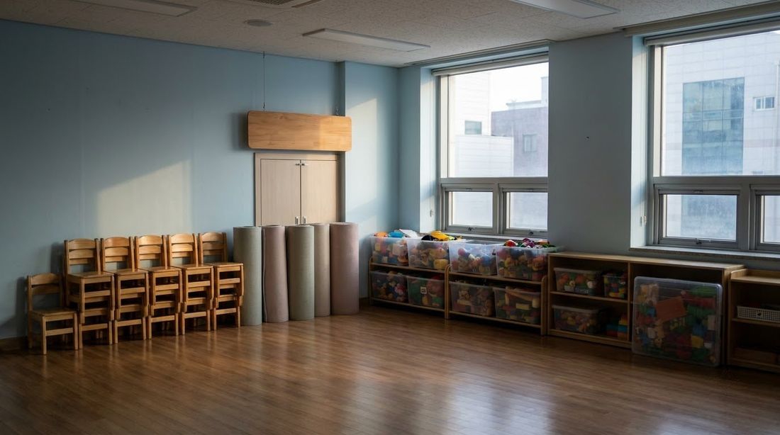 An empty Korean daycare playroom at the end of the day