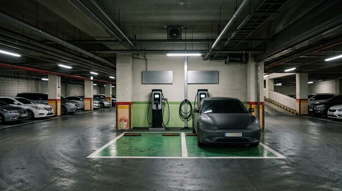 Two electric-car charging posts beside color-marked bays in the underground garage of a Korean apartment complex