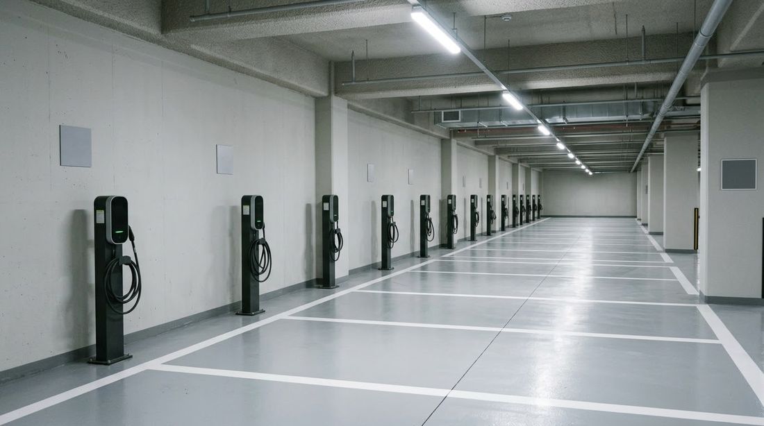 A long row of identical electric-car charging posts along one wall of a newly finished Korean apartment garage