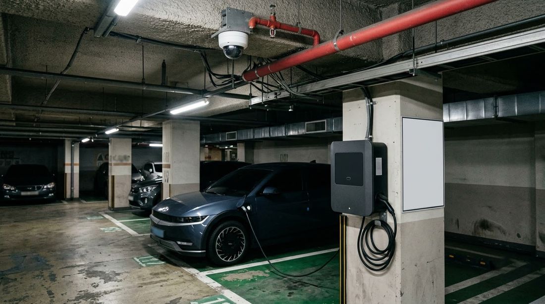 A ceiling-mounted camera and sprinkler pipe directly above an EV charging bay in a Korean apartment garage