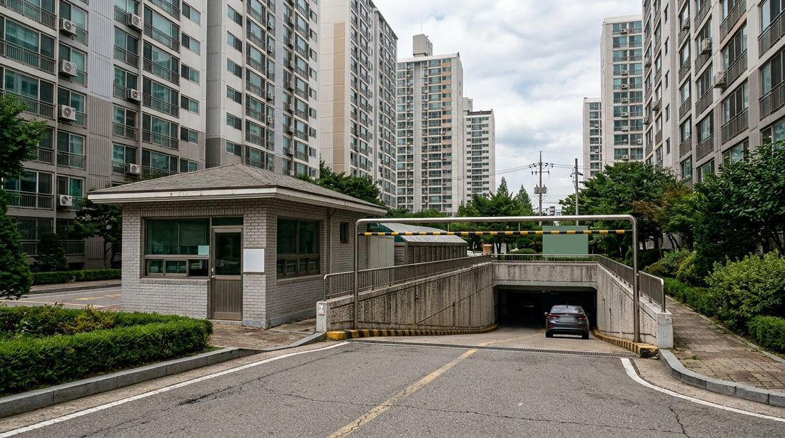 The ramp down into the shared underground garage of a large Korean apartment complex, towers rising behind