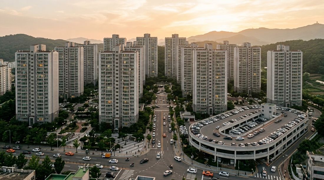 Golden-hour view over a dense Korean apartment district of identical high-rise towers and shared interior roads