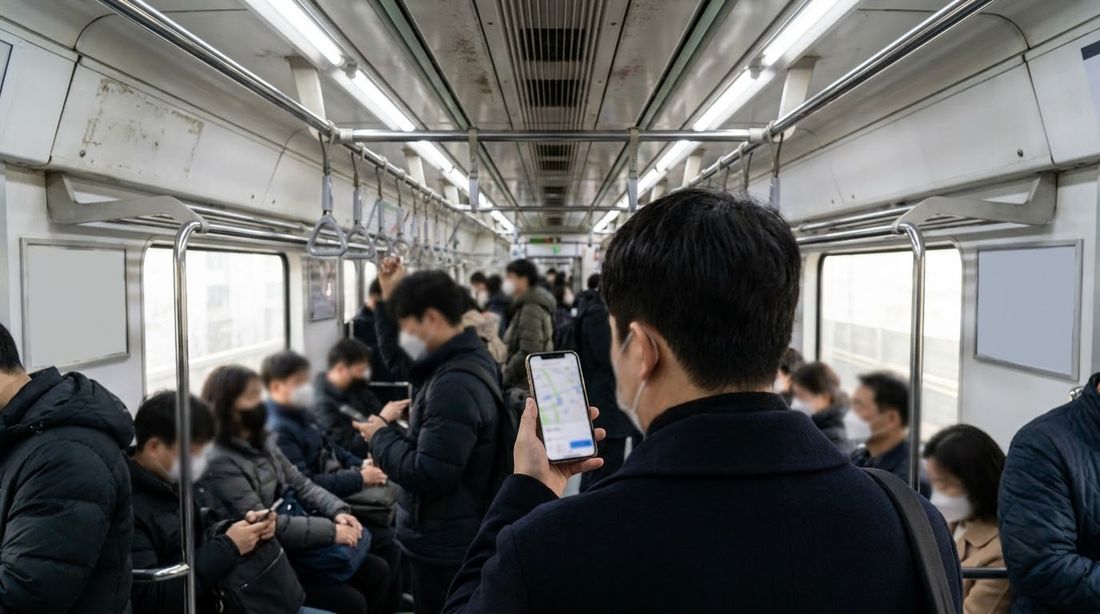 A commuter on a Korean subway train using a smartphone on a plan that costs about eleven dollars a month