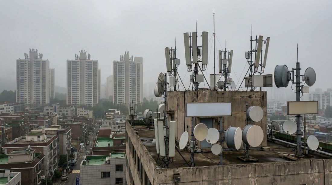 Cellular base station antennas on the roof of a Korean apartment tower, the network budget carriers rent access to