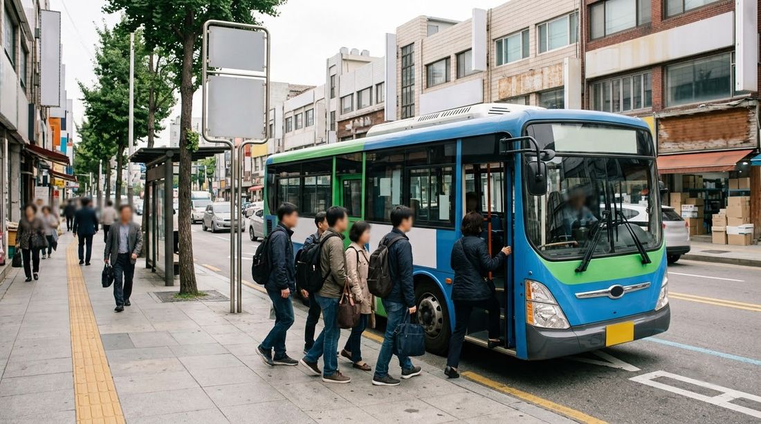 정류장에 선 시내버스에 오르는 승객들
