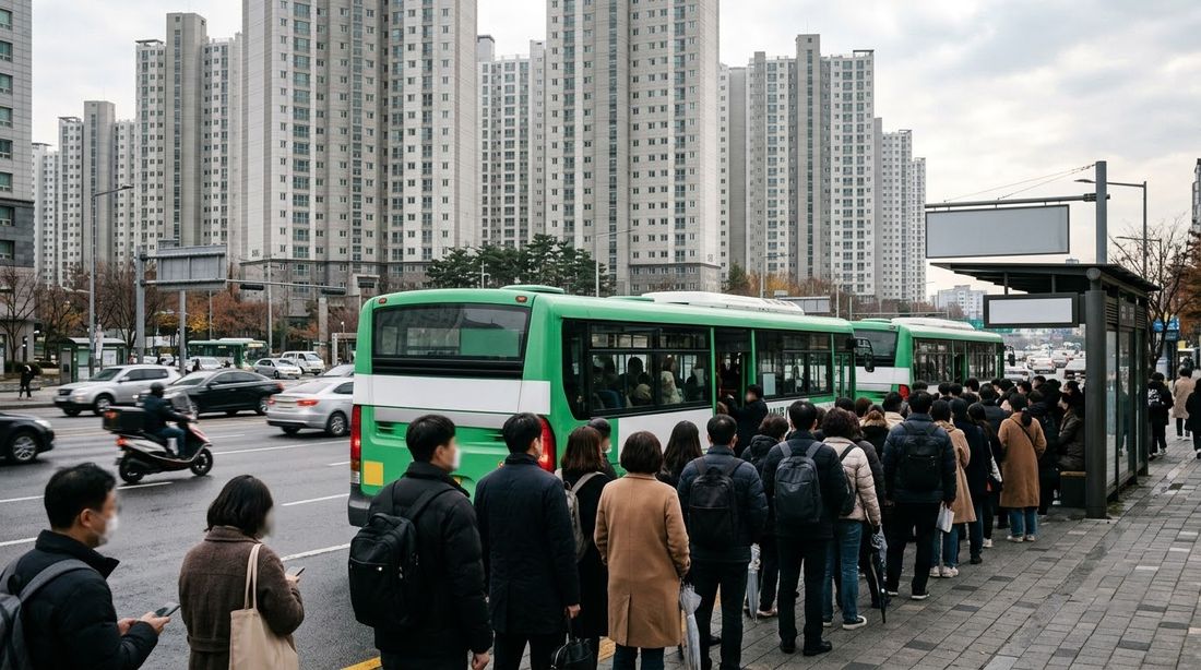 아파트 단지 앞 정류장에 길게 늘어선 대기 줄