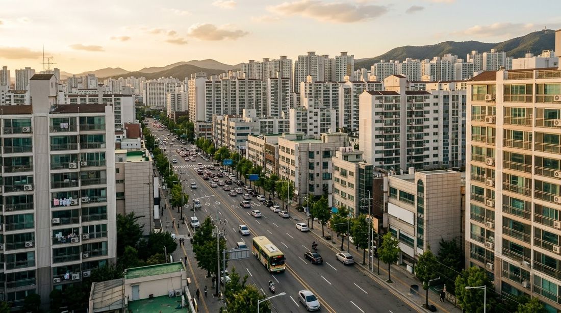 노을 진 한국 도시의 아파트와 간선도로