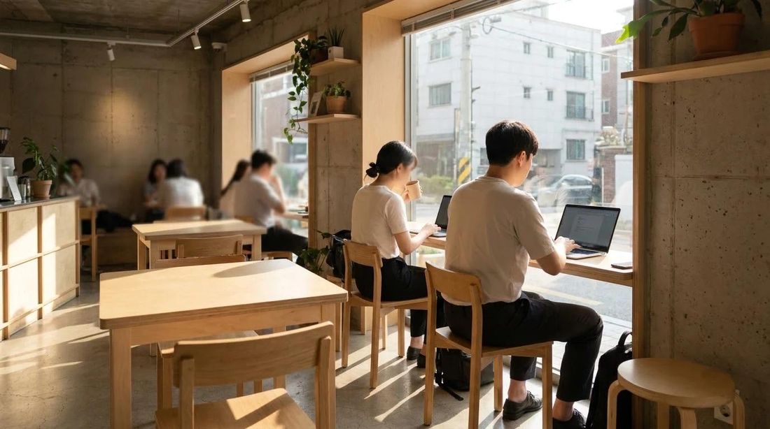 Customers working on laptops in a small Korean cafe