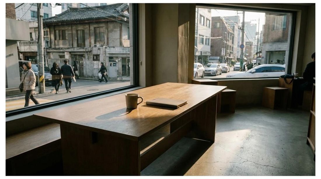 An empty cafe table by a window in the afternoon