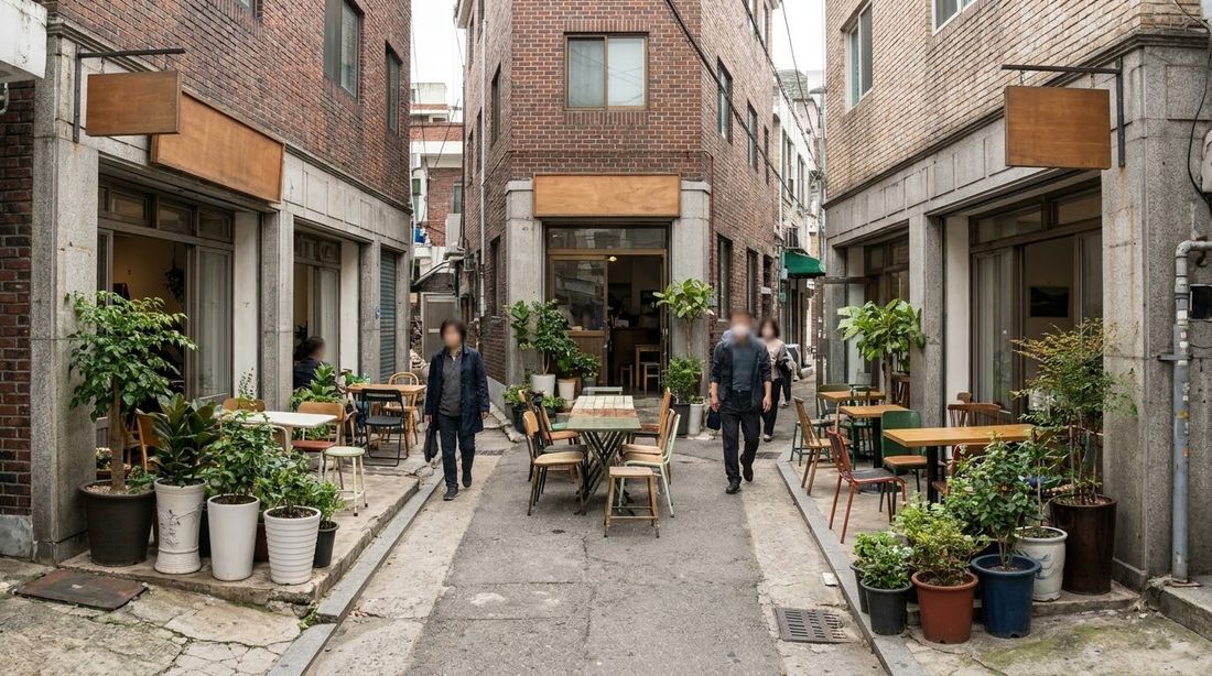 Several small cafes with outdoor tables facing each other across a narrow Seoul alley