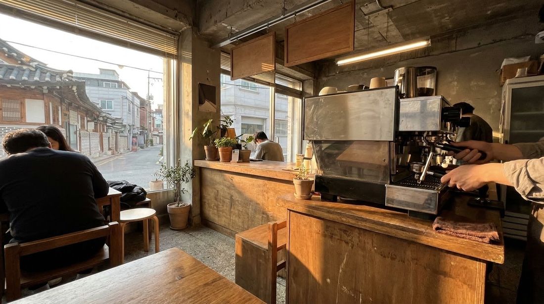 The counter and espresso machine of a small Korean cafe