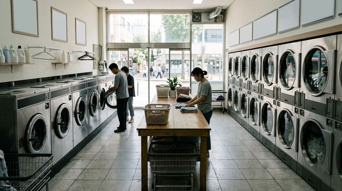 Two rows of large washers and dryers inside a Korean coin laundry in daytime