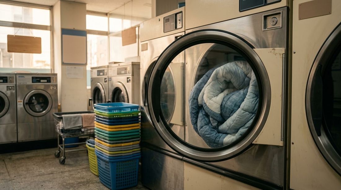 A quilted winter comforter tumbling in a large commercial dryer