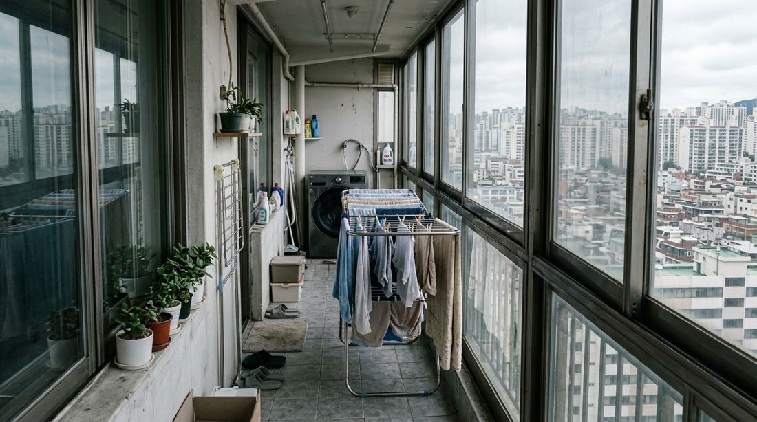 A glassed-in Korean apartment balcony with a drying rack and a washing machine