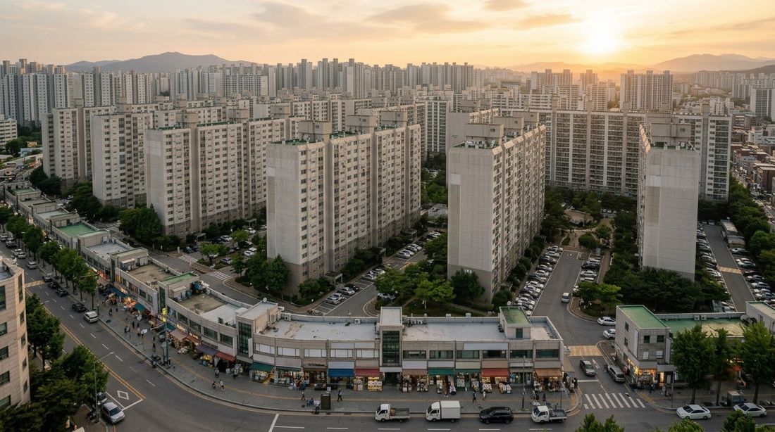 Aerial view of a dense Korean apartment complex at golden hour