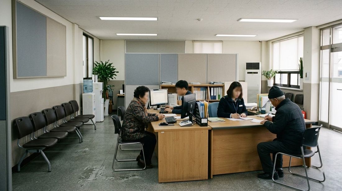 Residents at the service counter inside a small Korean neighborhood public office