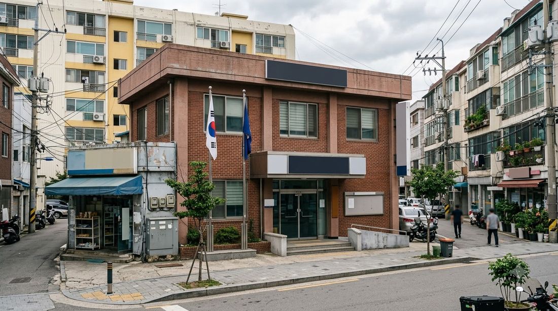 A modest neighborhood government office building on an ordinary Korean street