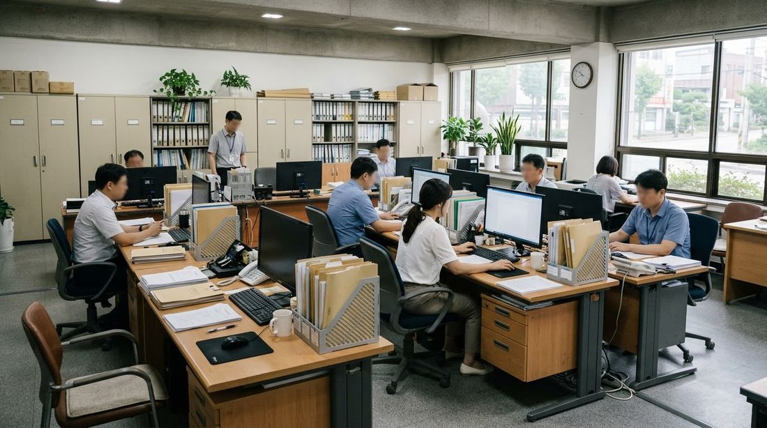 Civil servants at desks in a small Korean public office