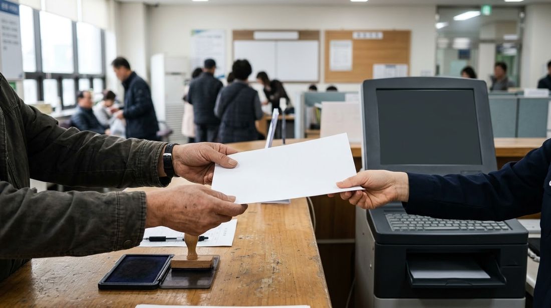 A resident handing a paper form across a public office counter