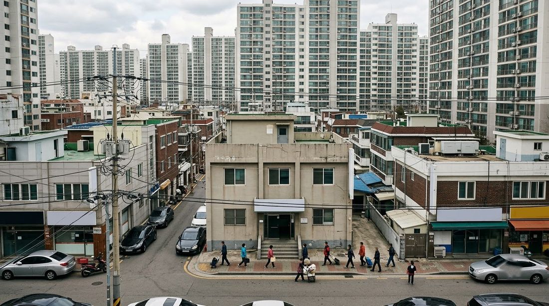 A low-rise neighborhood public office below apartment towers in a dense Korean district
