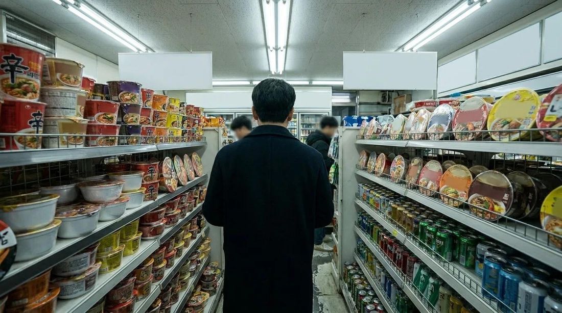 Packed shelves in the aisle of a small Korean convenience store