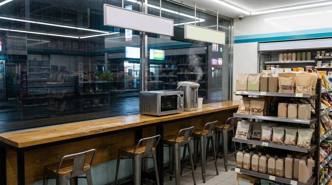 The eat-in counter by the window of a convenience store