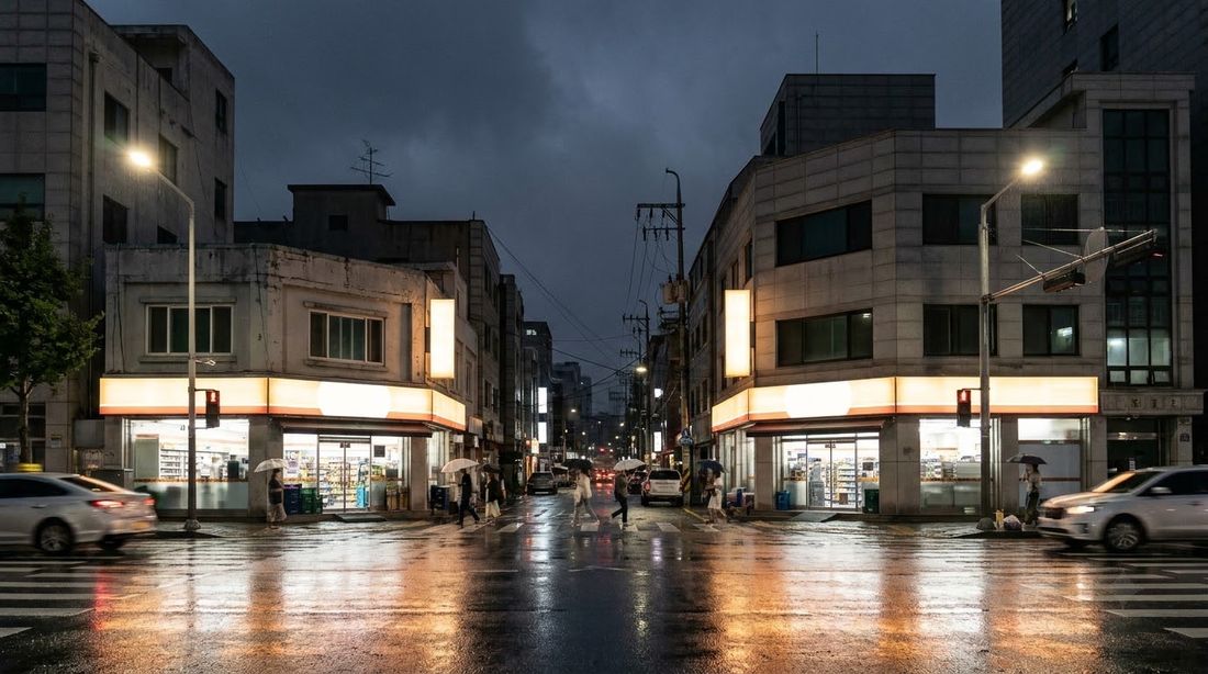 Two convenience stores facing each other across a Korean street corner at night