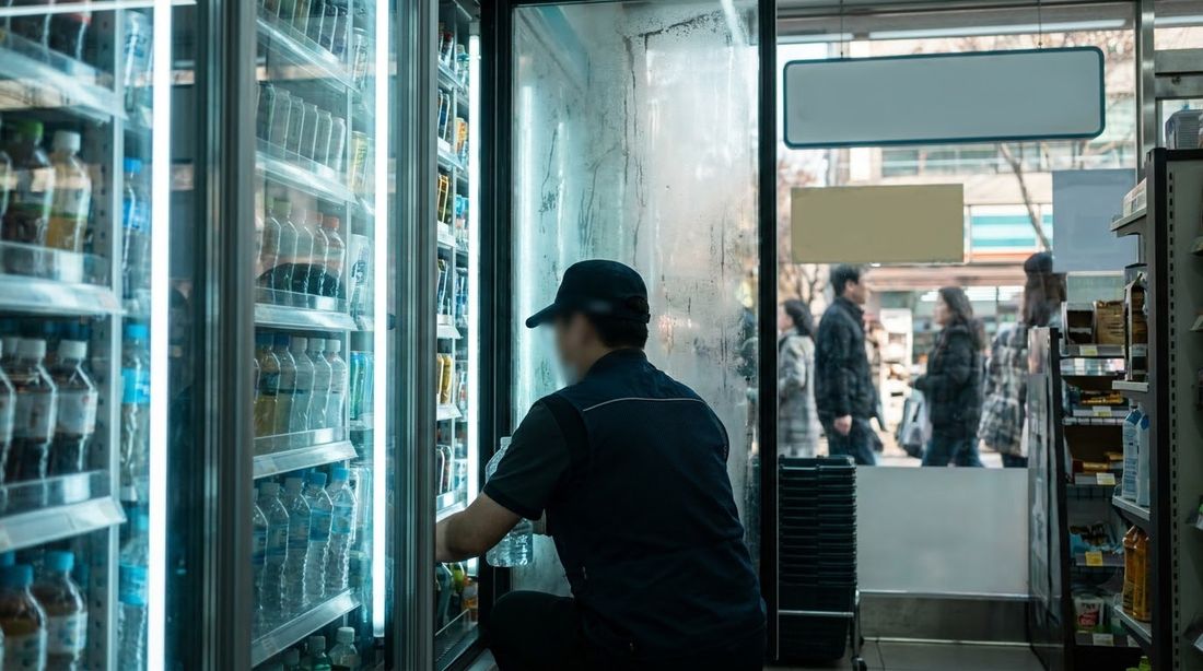 A worker restocking the chilled drinks case of a Korean convenience store