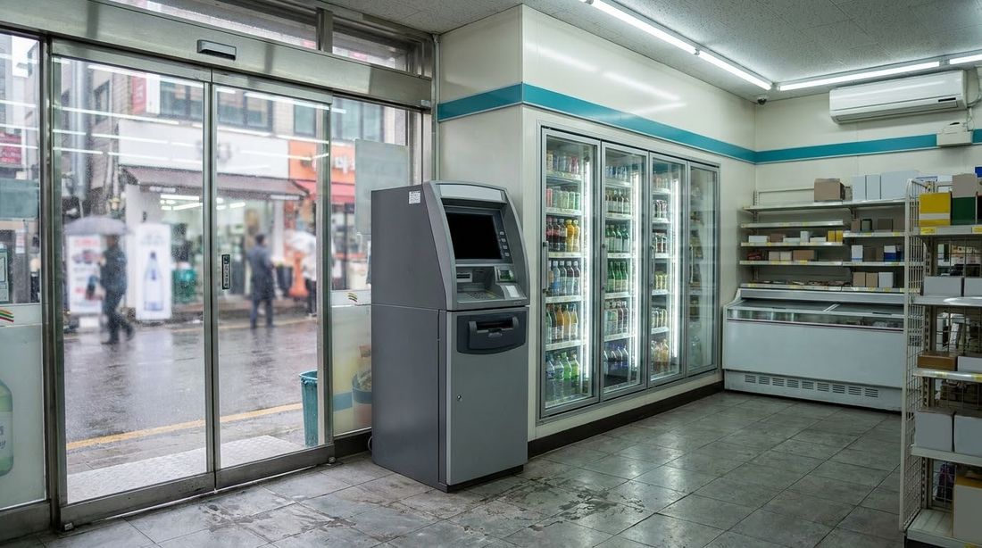 A cash machine just inside the doorway of a Korean convenience store