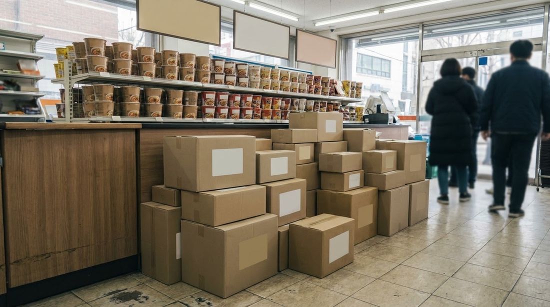 Cardboard parcels waiting for pickup beside a convenience store counter